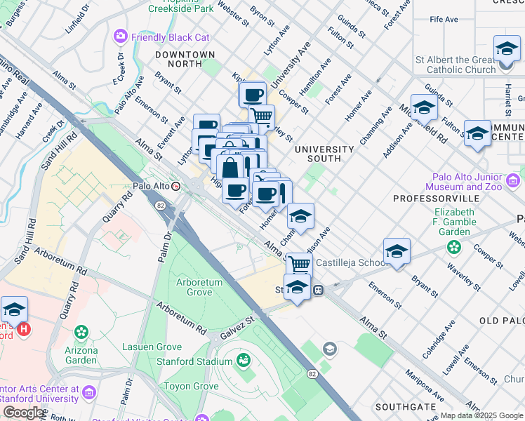 map of restaurants, bars, coffee shops, grocery stores, and more near in Palo Alto