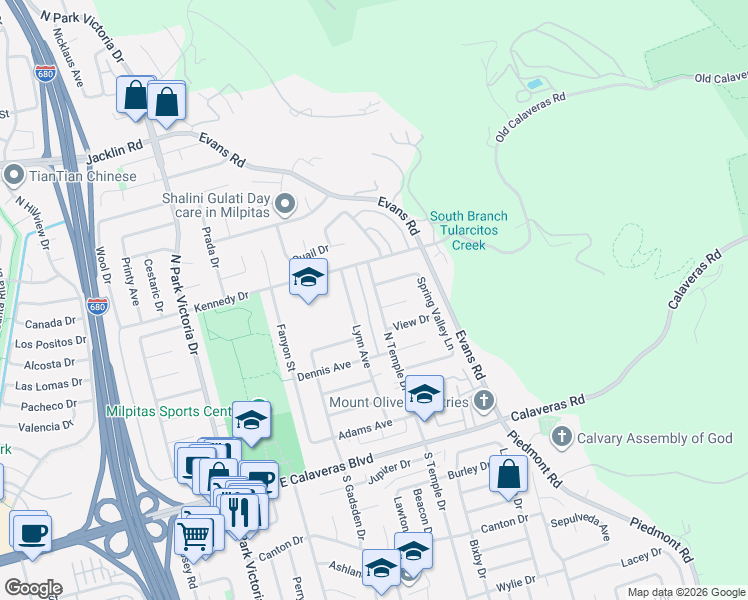 map of restaurants, bars, coffee shops, grocery stores, and more near 1701 Fair Hill Drive in Milpitas