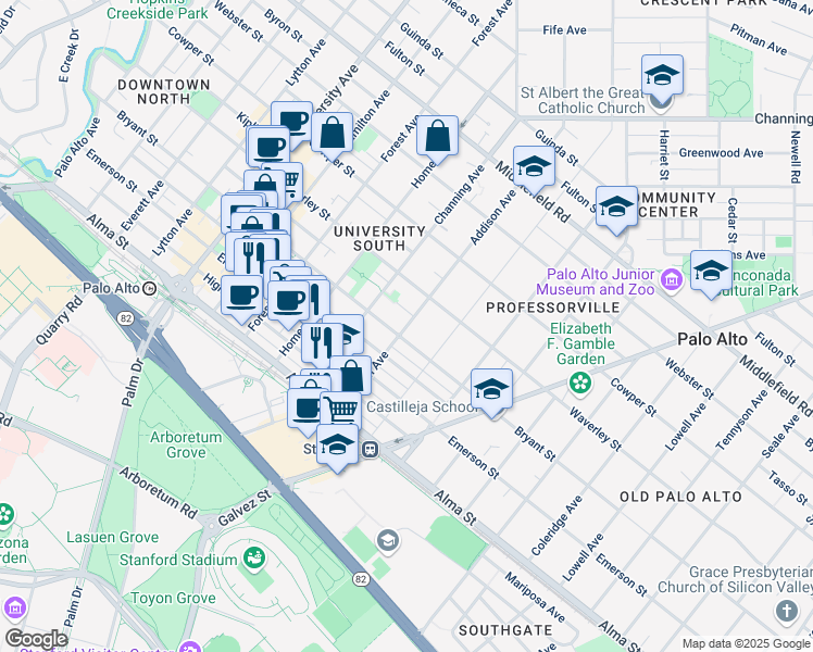 map of restaurants, bars, coffee shops, grocery stores, and more near 928 Scott Street in Palo Alto