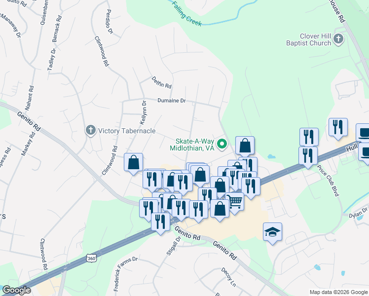 map of restaurants, bars, coffee shops, grocery stores, and more near 11208 Forestwind Drive in Midlothian