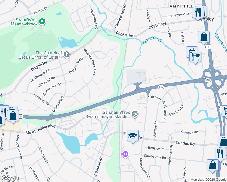 map of restaurants, bars, coffee shops, grocery stores, and more near 6104 Morningmist Drive in Richmond