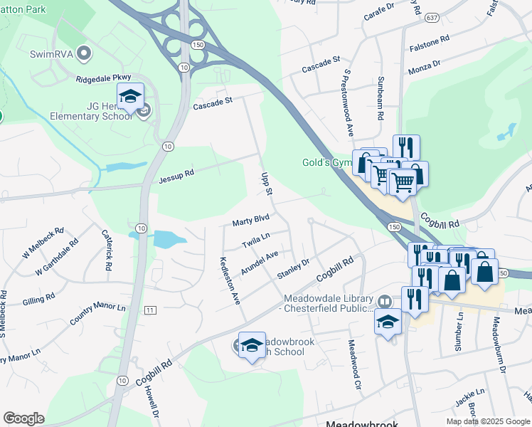 map of restaurants, bars, coffee shops, grocery stores, and more near 4708 Marty Boulevard in Richmond