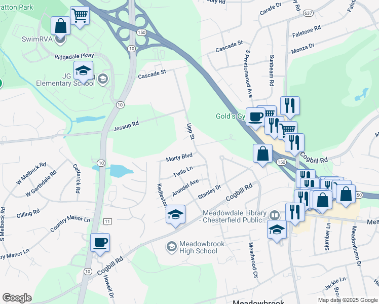 map of restaurants, bars, coffee shops, grocery stores, and more near 4708 Marty Boulevard in Richmond