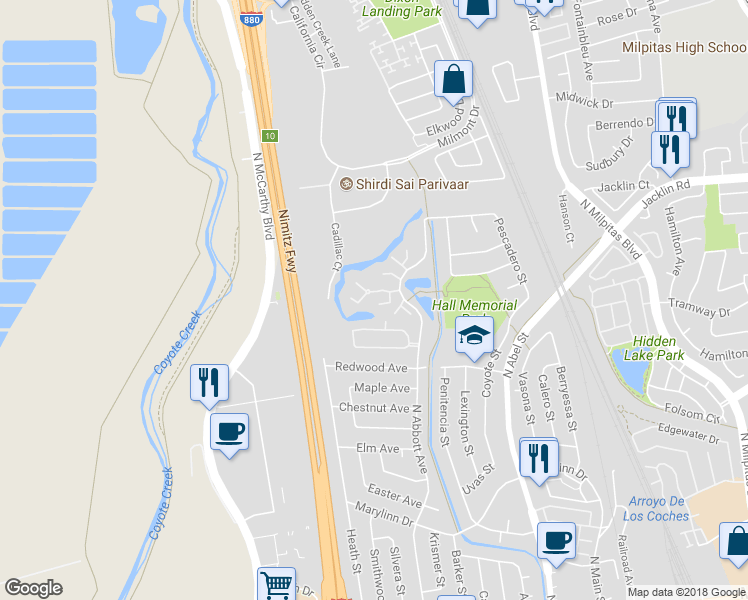 map of restaurants, bars, coffee shops, grocery stores, and more near 1048 North Abbott Avenue in Milpitas
