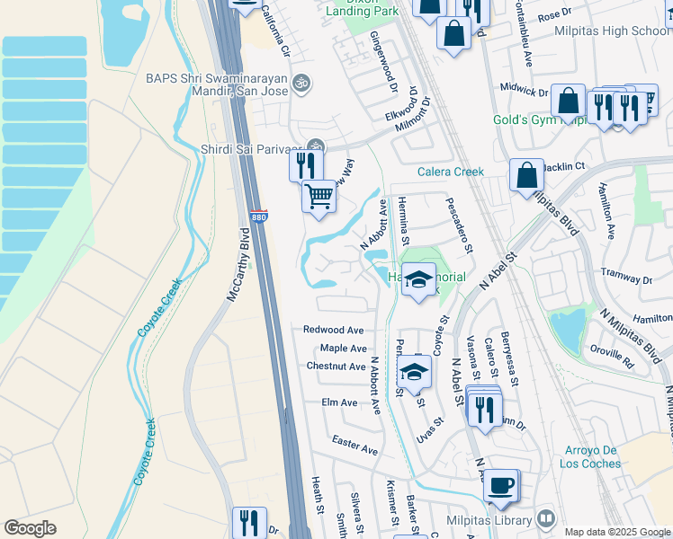 map of restaurants, bars, coffee shops, grocery stores, and more near 1048 North Abbott Avenue in Milpitas