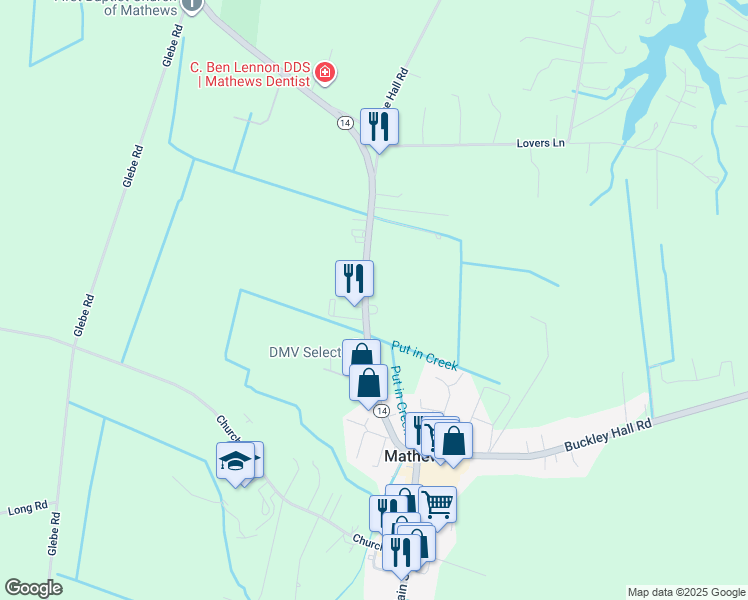 map of restaurants, bars, coffee shops, grocery stores, and more near 10501 Buckley Hall Road in Mathews