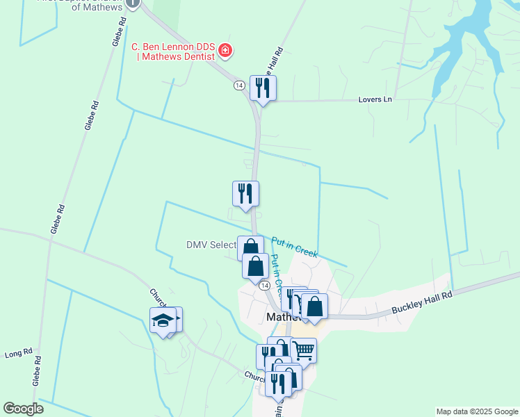 map of restaurants, bars, coffee shops, grocery stores, and more near 10501 Buckley Hall Road in Mathews