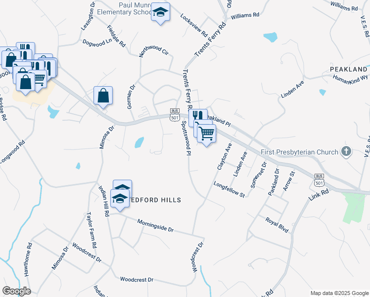 map of restaurants, bars, coffee shops, grocery stores, and more near 1661 Spottswood Place in Lynchburg