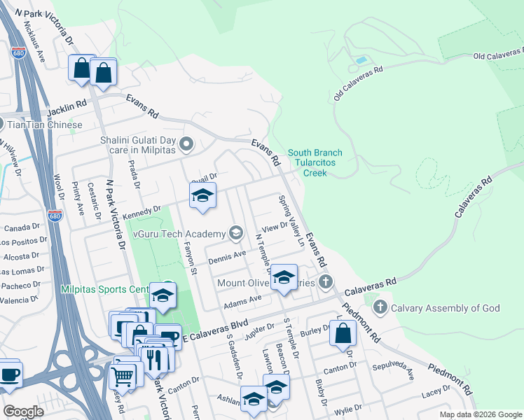 map of restaurants, bars, coffee shops, grocery stores, and more near 1701 Fair Hill Drive in Milpitas