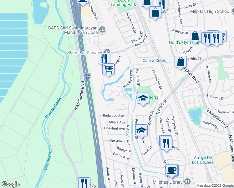 map of restaurants, bars, coffee shops, grocery stores, and more near 1054 North Abbott Avenue in Milpitas