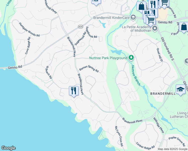 map of restaurants, bars, coffee shops, grocery stores, and more near 3409 7 Oaks Road in Midlothian