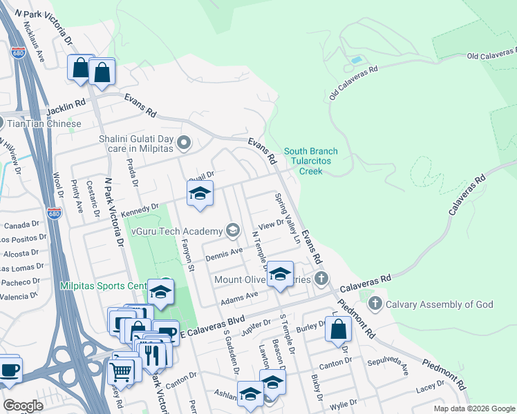 map of restaurants, bars, coffee shops, grocery stores, and more near 1701 Fair Hill Drive in Milpitas