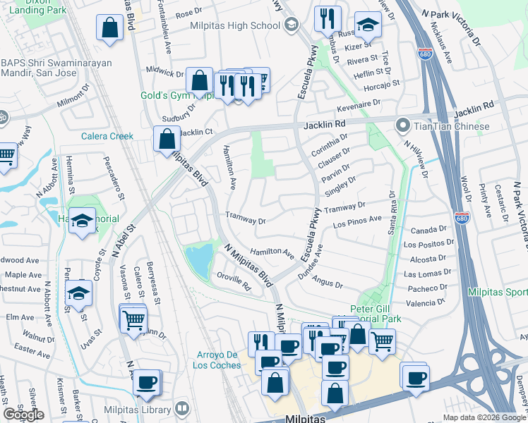map of restaurants, bars, coffee shops, grocery stores, and more near 373 Chad Drive in Milpitas