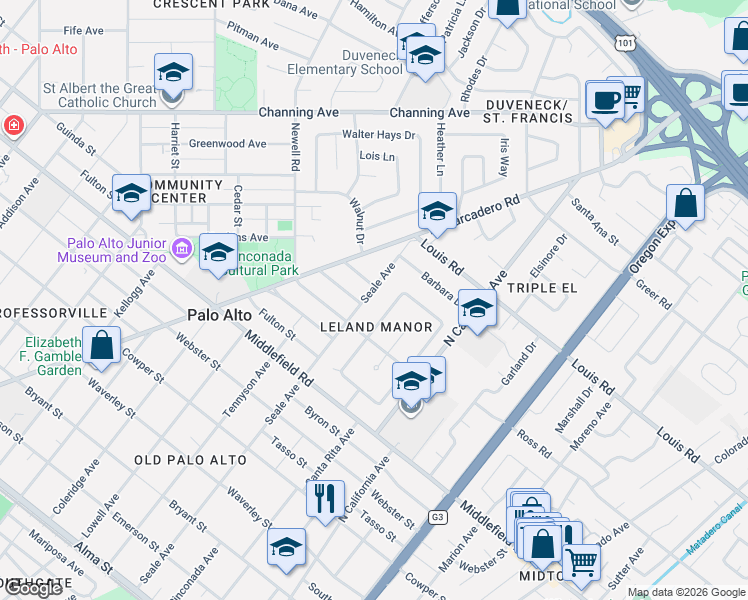 map of restaurants, bars, coffee shops, grocery stores, and more near 848 Seale Avenue in Palo Alto