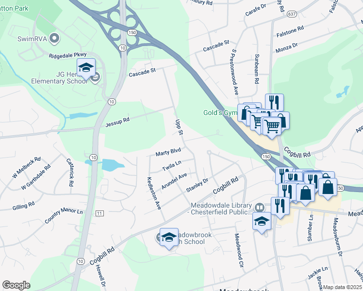 map of restaurants, bars, coffee shops, grocery stores, and more near 4700 Marty Boulevard in Richmond