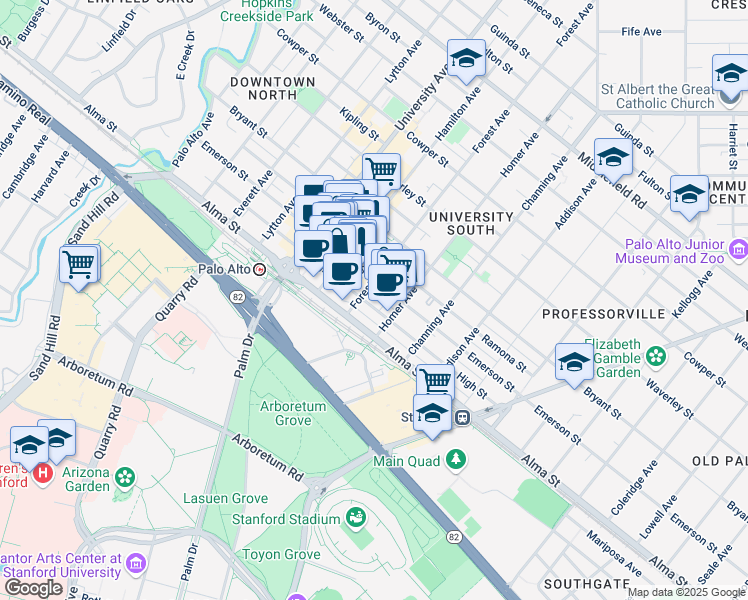 map of restaurants, bars, coffee shops, grocery stores, and more near 723 Emerson Street in Palo Alto