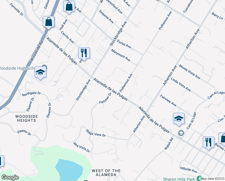 map of restaurants, bars, coffee shops, grocery stores, and more near Alameda De Las Pulgas & Fletcher Drive in Atherton