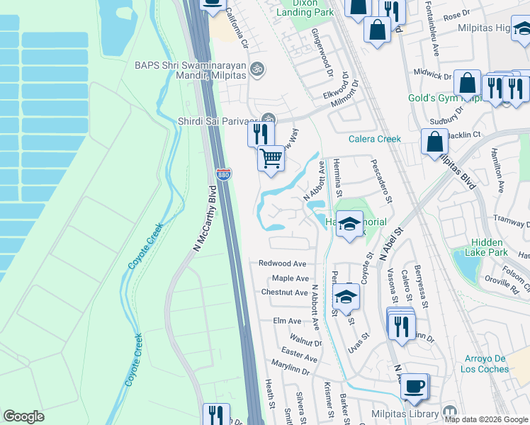map of restaurants, bars, coffee shops, grocery stores, and more near 1100 North Abbott Avenue in Milpitas