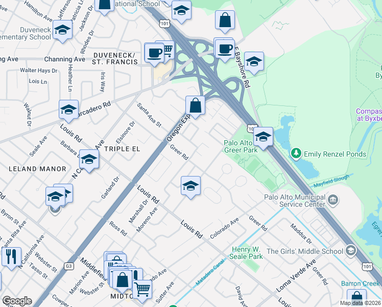 map of restaurants, bars, coffee shops, grocery stores, and more near 2527 Greer Road in Palo Alto