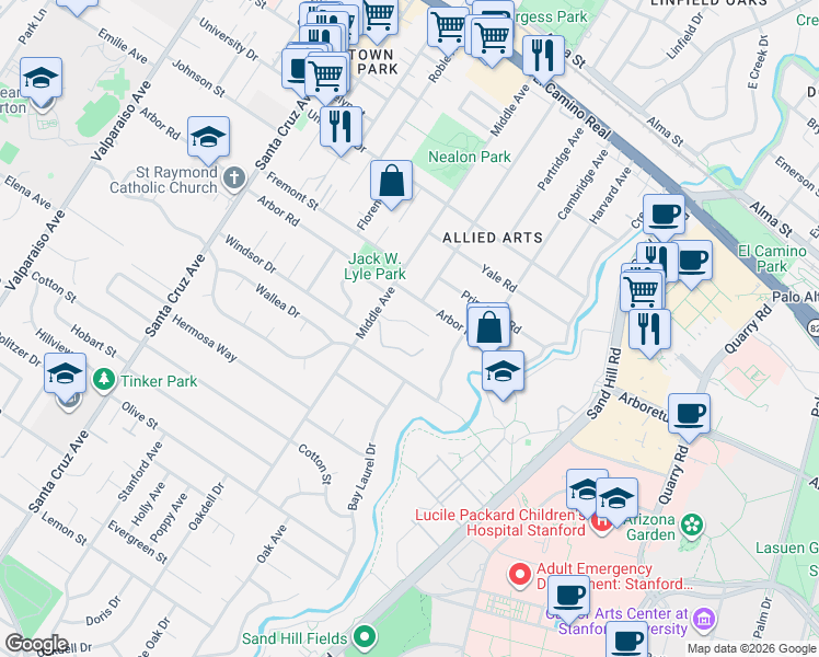 map of restaurants, bars, coffee shops, grocery stores, and more near 420 Claire Place in Menlo Park
