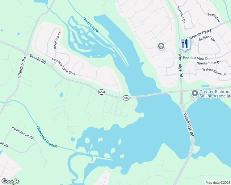 map of restaurants, bars, coffee shops, grocery stores, and more near 4100 Water Overlook Boulevard in Midlothian