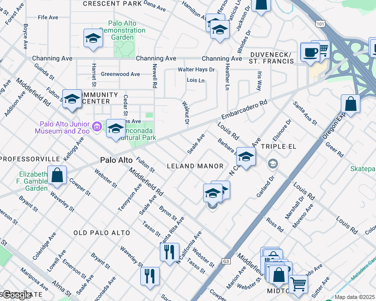 map of restaurants, bars, coffee shops, grocery stores, and more near 831 Seale Avenue in Palo Alto