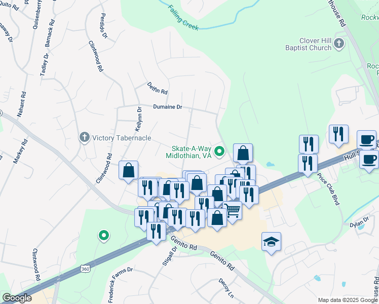 map of restaurants, bars, coffee shops, grocery stores, and more near 3213 Woodsong Drive in Midlothian