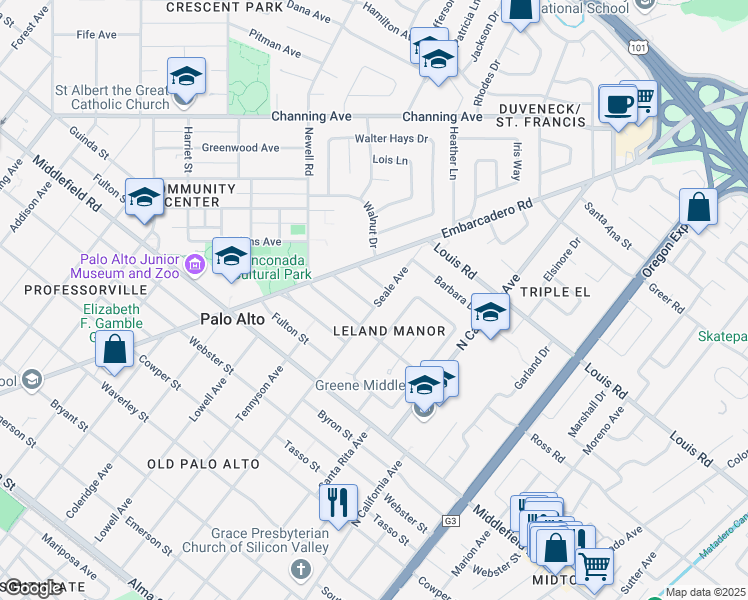 map of restaurants, bars, coffee shops, grocery stores, and more near 831 Seale Avenue in Palo Alto