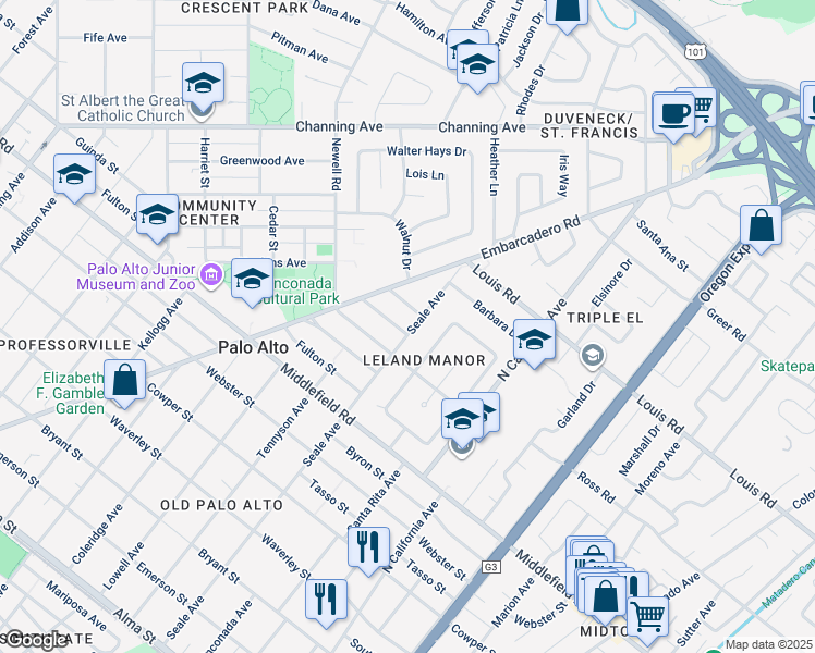map of restaurants, bars, coffee shops, grocery stores, and more near 831 Seale Avenue in Palo Alto