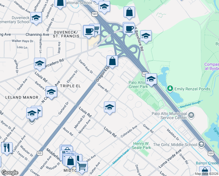 map of restaurants, bars, coffee shops, grocery stores, and more near 2527 Greer Road in Palo Alto