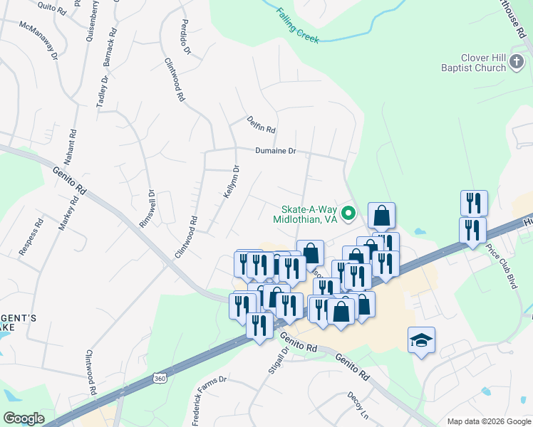 map of restaurants, bars, coffee shops, grocery stores, and more near 3301 Millspray Court in Midlothian