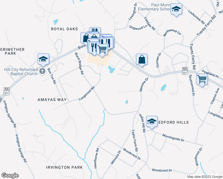 map of restaurants, bars, coffee shops, grocery stores, and more near 4822 Old Dominion Drive in Lynchburg