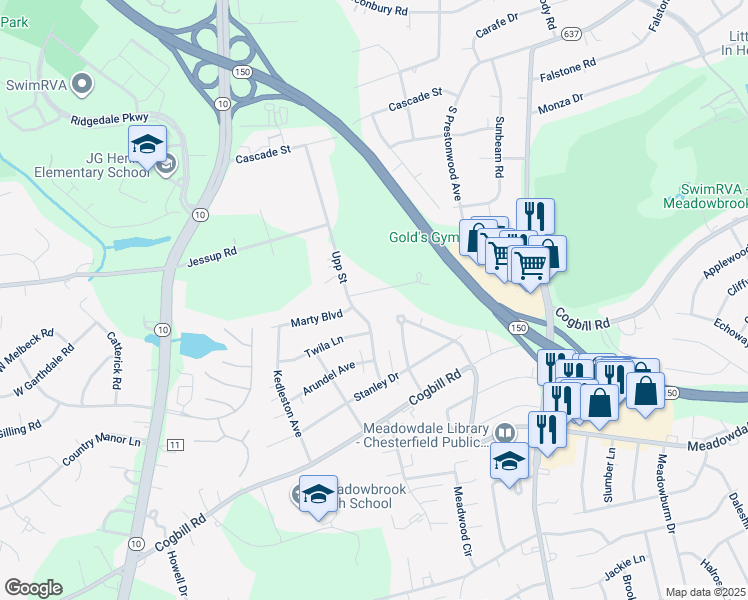 map of restaurants, bars, coffee shops, grocery stores, and more near 4609 Marty Boulevard in Richmond