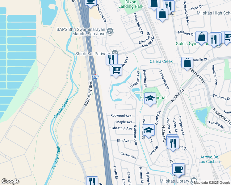map of restaurants, bars, coffee shops, grocery stores, and more near 1087 North Abbott Avenue in Milpitas