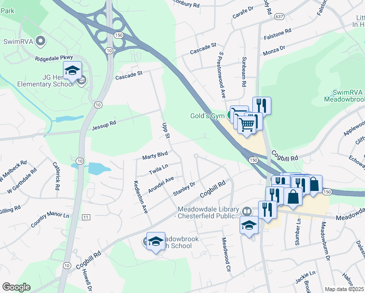 map of restaurants, bars, coffee shops, grocery stores, and more near 4609 Marty Boulevard in Richmond