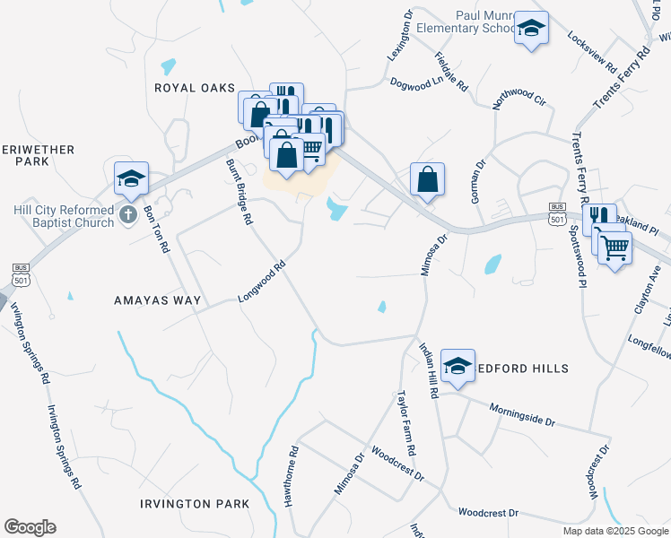 map of restaurants, bars, coffee shops, grocery stores, and more near 4822 Old Dominion Drive in Lynchburg