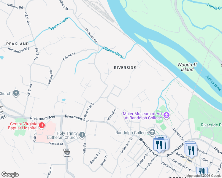 map of restaurants, bars, coffee shops, grocery stores, and more near 517 Riverside Drive in Lynchburg
