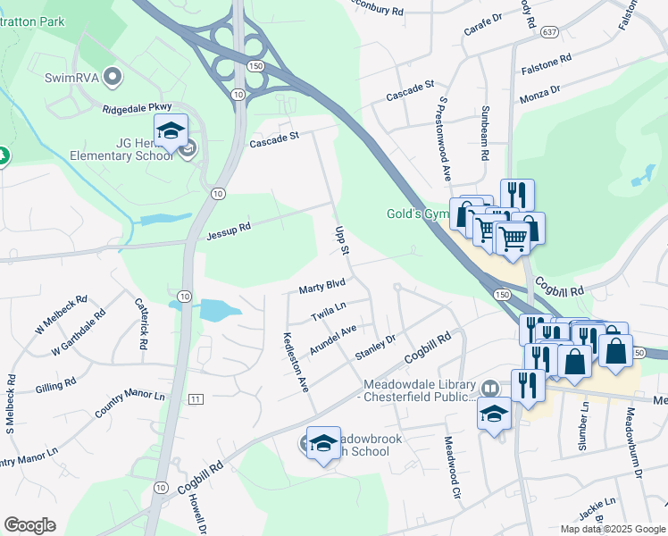 map of restaurants, bars, coffee shops, grocery stores, and more near 5532 Upp Street in Richmond