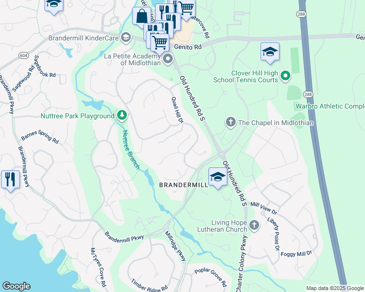 map of restaurants, bars, coffee shops, grocery stores, and more near 13609 Quail Hollow Court in Midlothian