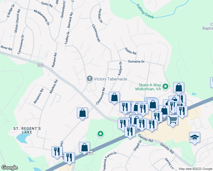 map of restaurants, bars, coffee shops, grocery stores, and more near 3331 Clintwood Road in Midlothian