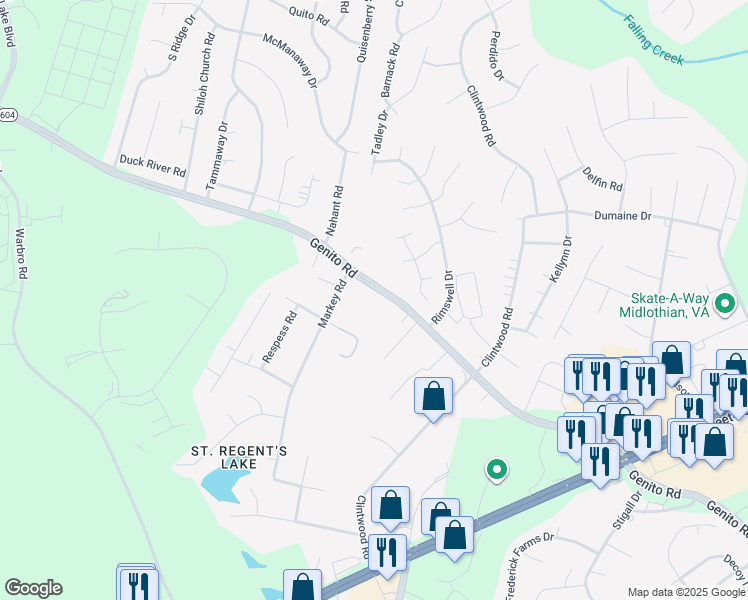 map of restaurants, bars, coffee shops, grocery stores, and more near 11811 Genito Road in Midlothian