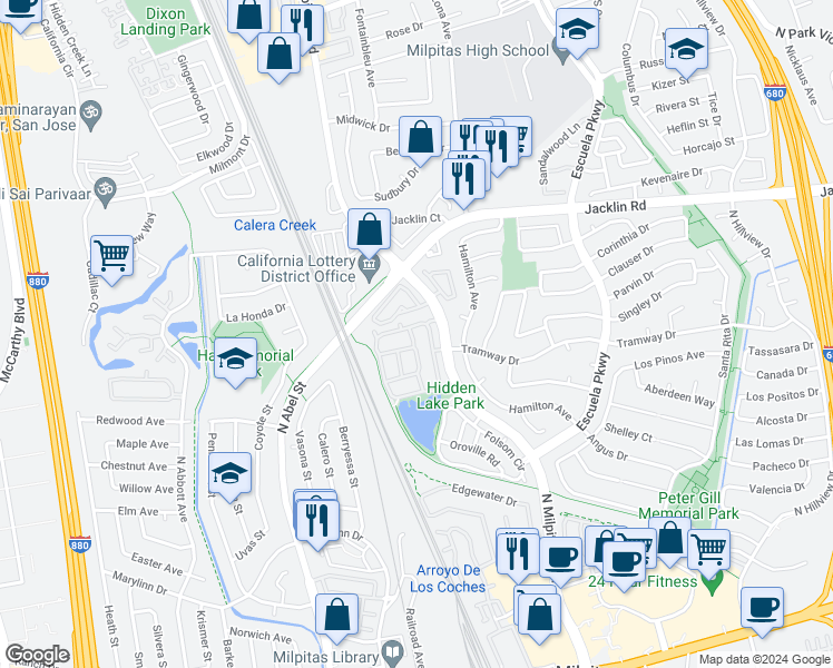 map of restaurants, bars, coffee shops, grocery stores, and more near 770 Superior Road in Milpitas