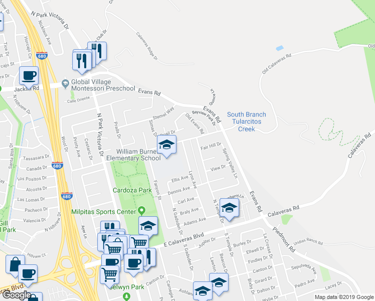 map of restaurants, bars, coffee shops, grocery stores, and more near 390 Lynn Avenue in Milpitas