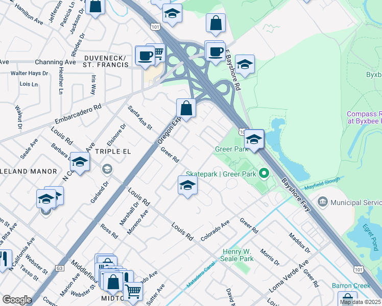 map of restaurants, bars, coffee shops, grocery stores, and more near 1074 Moreno Avenue in Palo Alto