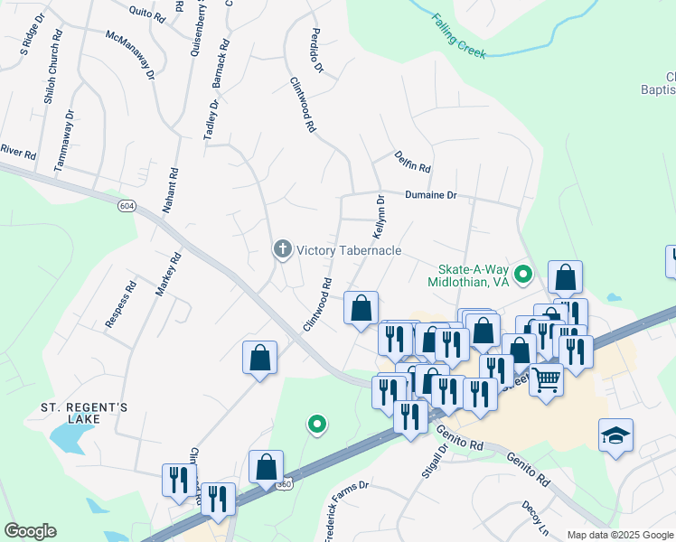 map of restaurants, bars, coffee shops, grocery stores, and more near 3331 Clintwood Road in Midlothian