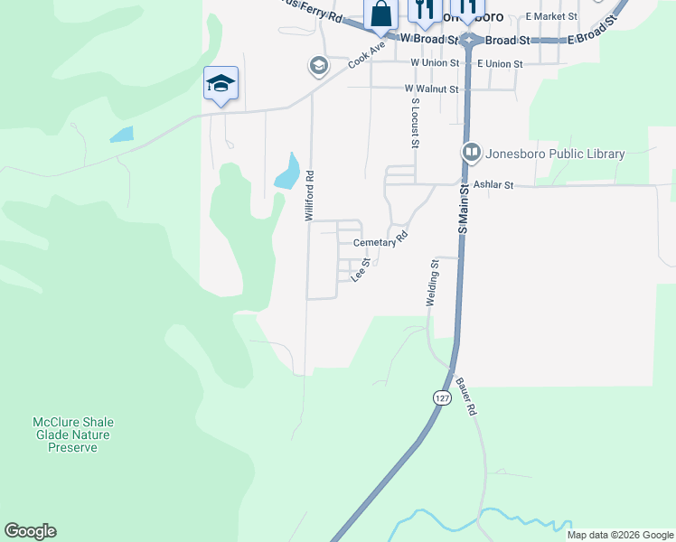 map of restaurants, bars, coffee shops, grocery stores, and more near Gardner Street in Jonesboro