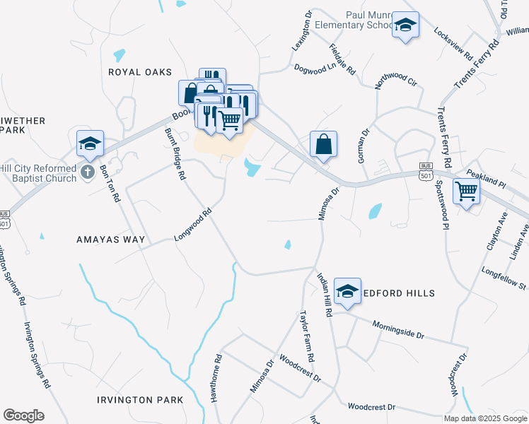 map of restaurants, bars, coffee shops, grocery stores, and more near 4822 Old Dominion Drive in Lynchburg