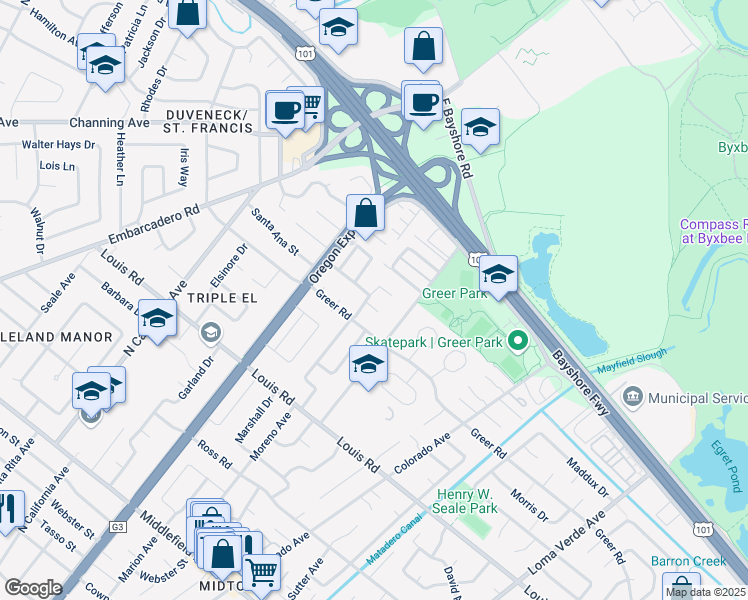 map of restaurants, bars, coffee shops, grocery stores, and more near 1074 Moreno Avenue in Palo Alto