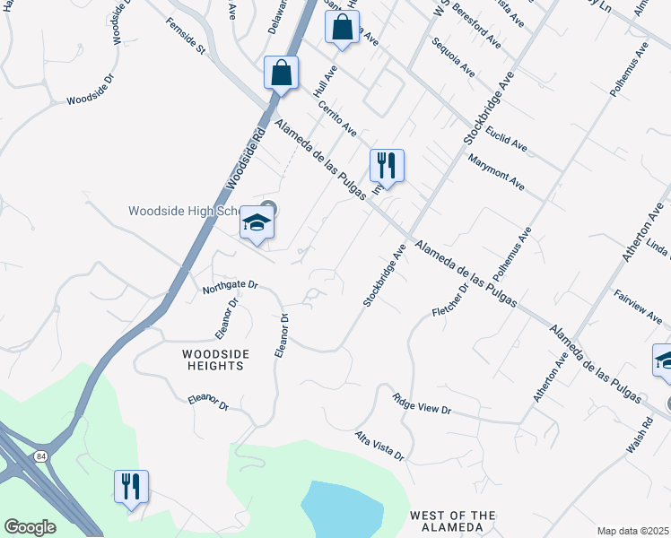 map of restaurants, bars, coffee shops, grocery stores, and more near 2180 Greenways Drive in Woodside