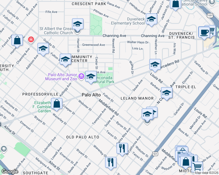 map of restaurants, bars, coffee shops, grocery stores, and more near 1711 Guinda Street in Palo Alto